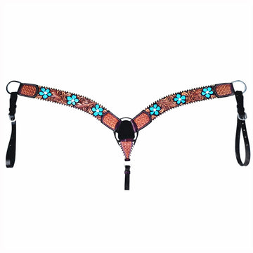 Bar H Equine American Leather Horse Saddle Tack One Ear Headstall Breast Collar Browband Wither Strap Turquoise Bloom BER111